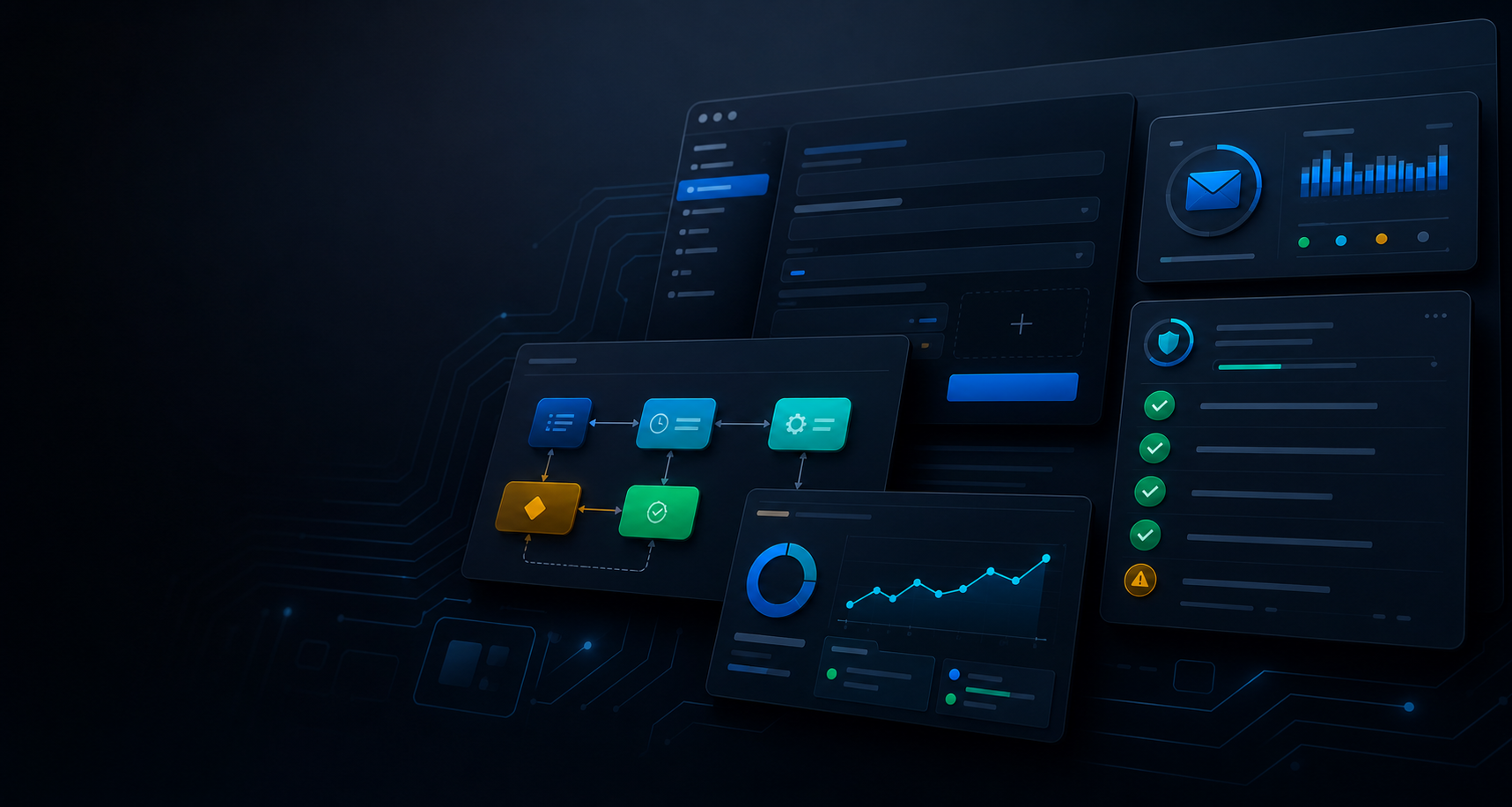 Dark interface panels showing business systems, automation, and status checks